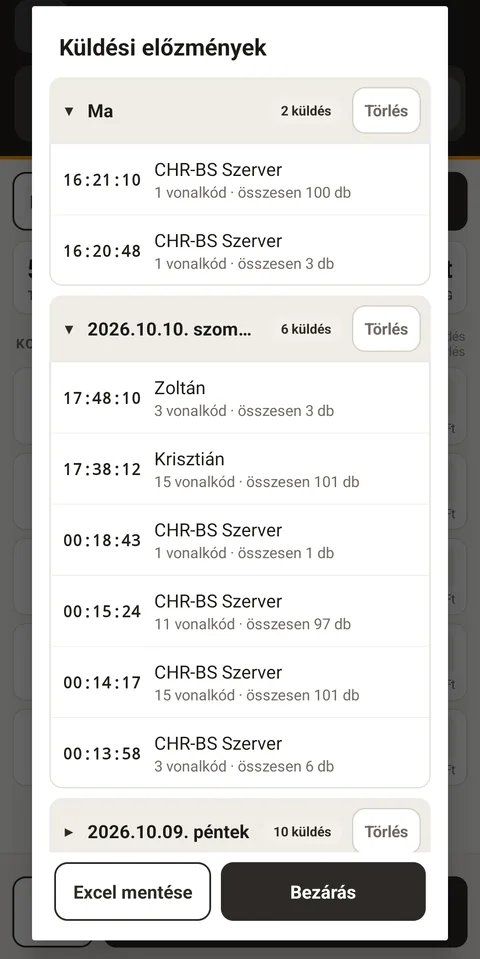 A ScanBridge Retail Mobile Küldési előzmények ablaka: napok szerint csoportosítva (Ma, 2026.10.10., 2026.10.09.), naponként a küldések száma és Törlés gomb; küldésenként időpont, fogadó gép, a vonalkódok és a darabok száma; alul Excel mentése és Bezárás.