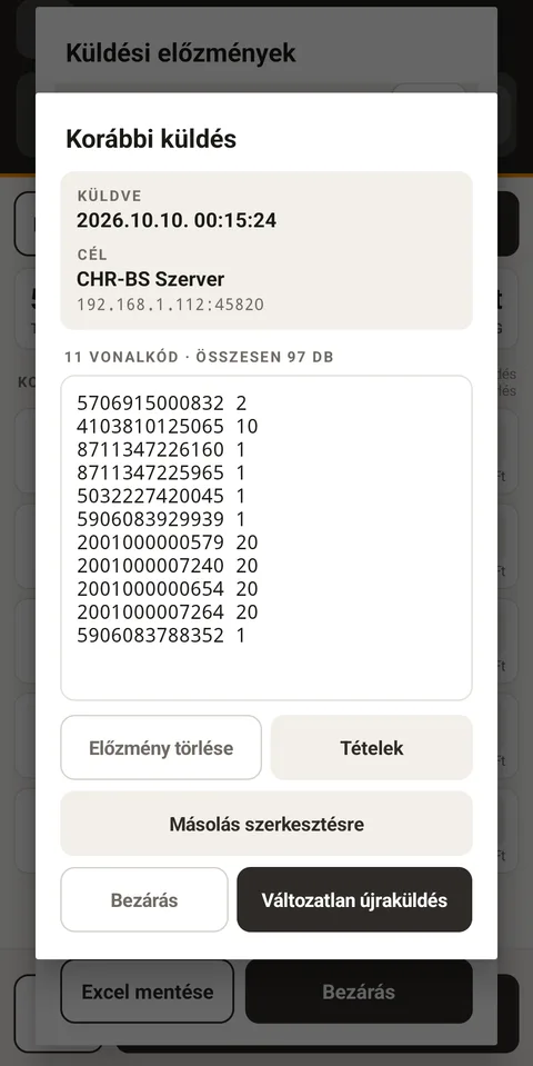 A ScanBridge Retail Mobile Korábbi küldés ablaka: a küldés ideje, a cél fogadó gép, 11 vonalkód összesen 97 darab, soronként vonalkód és mennyiség; alatta Előzmény törlése, Tételek, Másolás szerkesztésre, Bezárás és Változatlan újraküldés gomb.