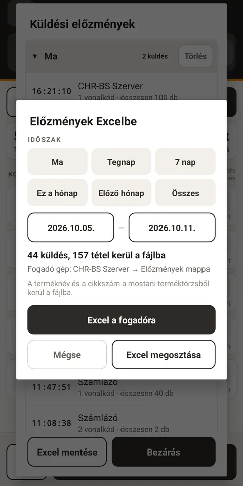 A ScanBridge Retail Mobile Előzmények Excelbe ablaka: időszak gyorsgombok (Ma, Tegnap, 7 nap, Ez a hónap, Előző hónap, Összes), a kezdő és záró dátum, „44 küldés, 157 tétel kerül a fájlba”, a cél fogadó gép Előzmények mappája, és hogy a terméknév és a cikkszám a mostani terméktörzsből kerül a fájlba; alatta Excel a fogadóra, Mégse és Excel megosztása.