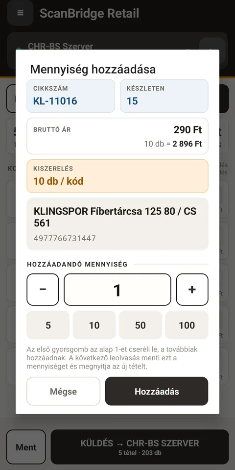A ScanBridge Retail Mobile Mennyiség hozzáadása ablaka beolvasás után: cikkszám, 15 darab készlet, 290 Ft bruttó ár és 10 darab összege, 10 db / kód kiszerelés, terméknév és vonalkód, alatta a mennyiség mínusz és plusz gombbal, 5, 10, 50, 100 gyorsgombok, Mégse és Hozzáadás.